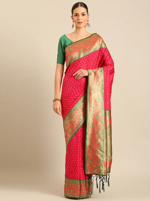 Women Pink Banarasi Silk Saree With Un Stitched Blouse Casual Relaxed Blouse