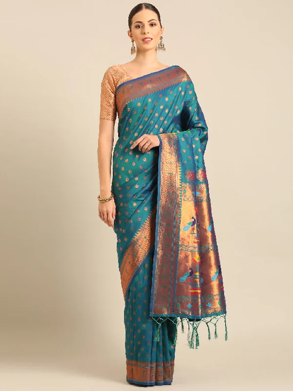 Women Turquoise Banarasi Silk Saree With Un Stitched Blouse Backless Summer Blouse