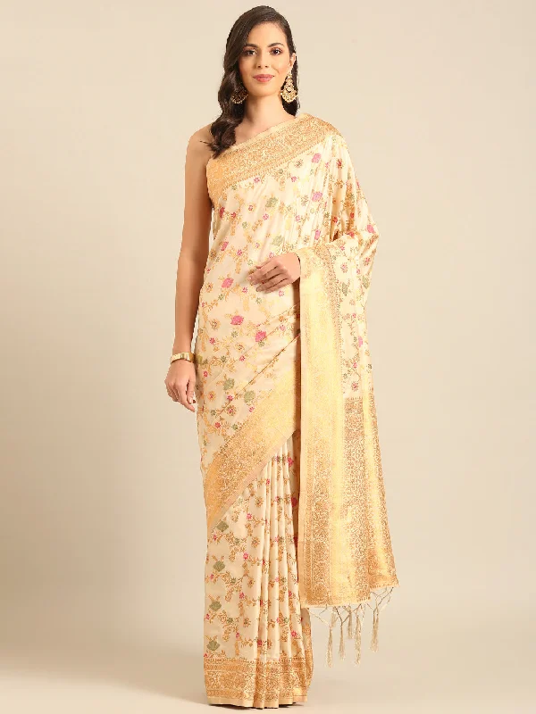 Women Cream Banarasi Silk Saree With Un Stitched Blouse Embellished Collar Blouse