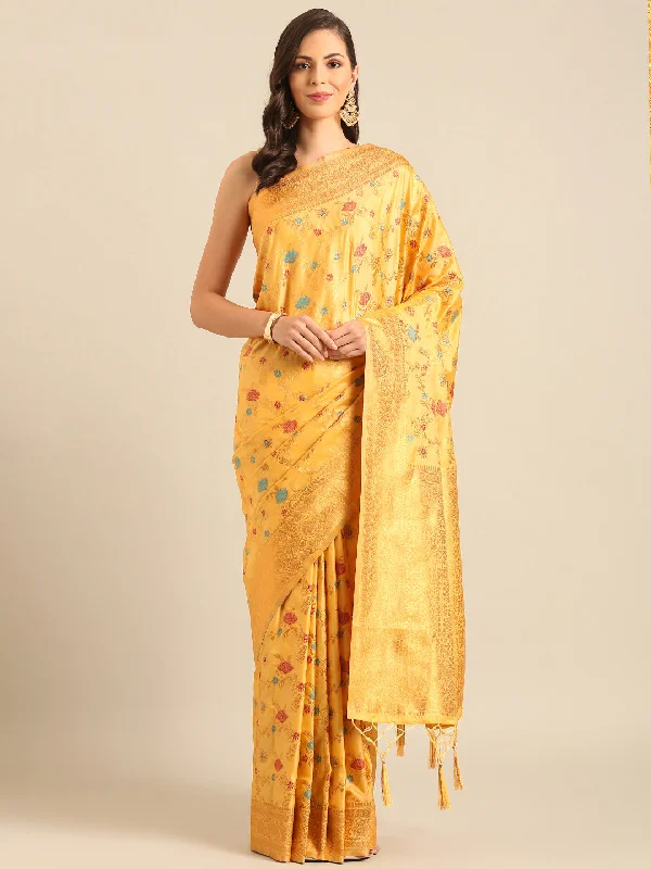 Women Mustard Banarasi Silk Saree With Un Stitched Blouse Chic Square Blouse