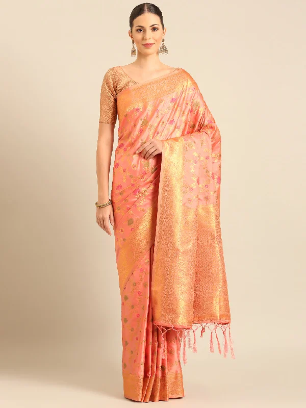 Women Pink Banarasi Silk Saree With Un Stitched Blouse Lightweight Linen Blouse