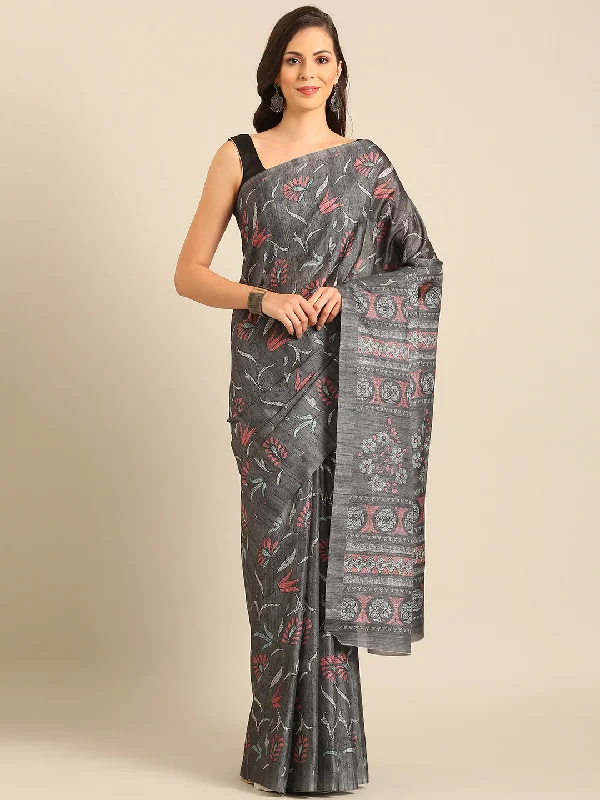 Women Grey Cotton Saree With Un Stitched Blouse Elegant Office Blouse