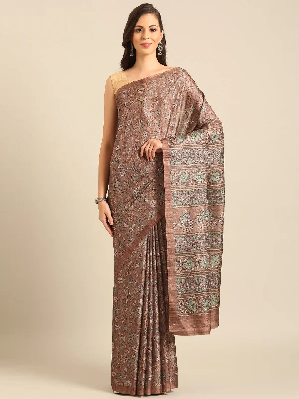 Women Brown Cotton Saree With Un Stitched Blouse Wrap Front Blouse