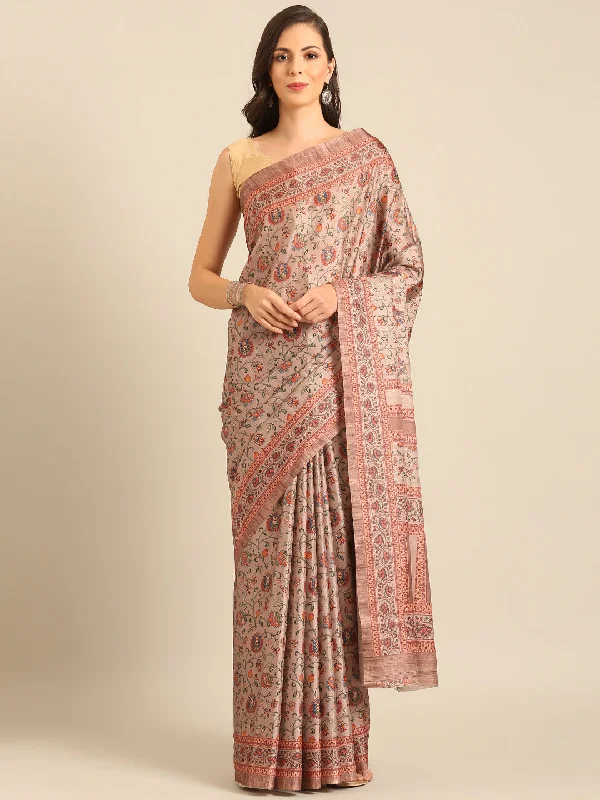 Women Khakhi Cotton Saree With Un Stitched Blouse Bell Sleeve Blouse