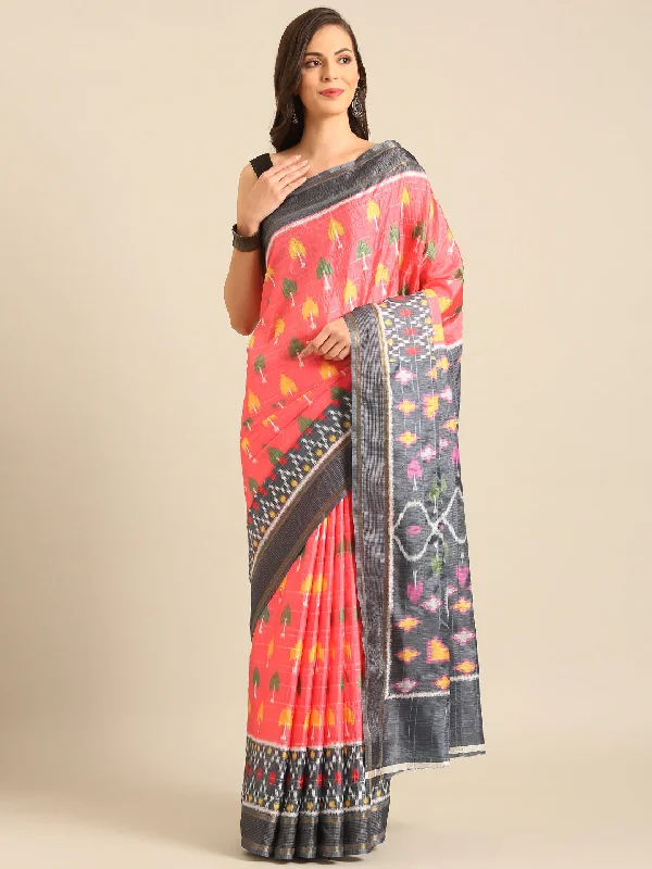 Women Pink Cotton Saree With Un Stitched Blouse Pleated Collar Blouse