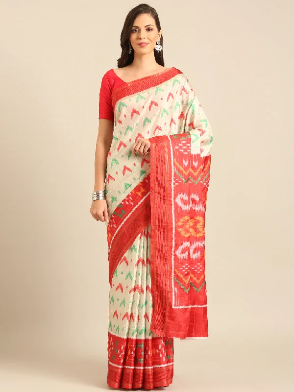 Women Cream Cotton Saree With Un Stitched Blouse Drape Neck Blouse