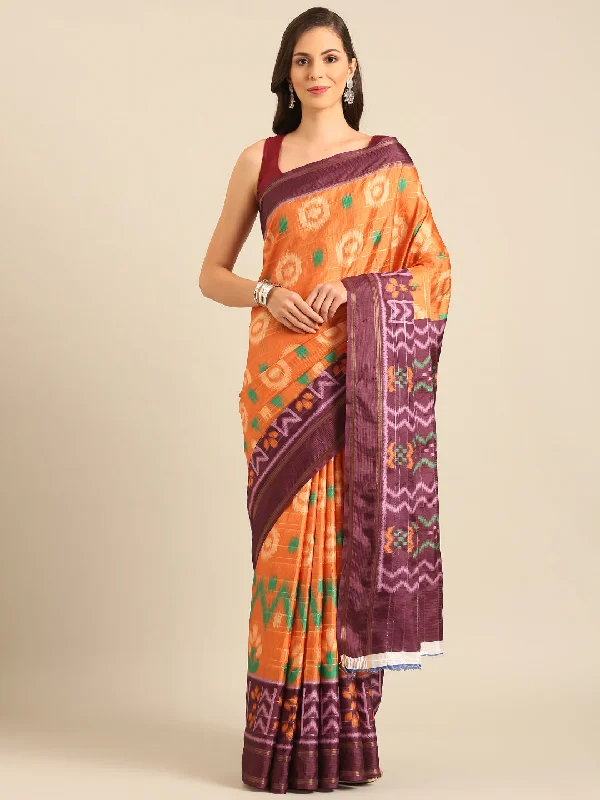 Women Orange Cotton Saree With Un Stitched Blouse Feminine Tie Blouse