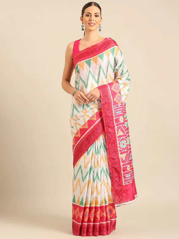 Women White Cotton Saree With Un Stitched Blouse Loose Fit Blouse
