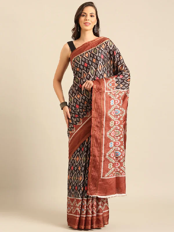Women Black Cotton Saree With Un Stitched Blouse Floral Print Blouse