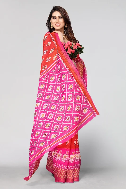 Women Casual Wear Printed Cotton Silk Saree With Un Stitched Blouse Peter Pan Collar Blouse