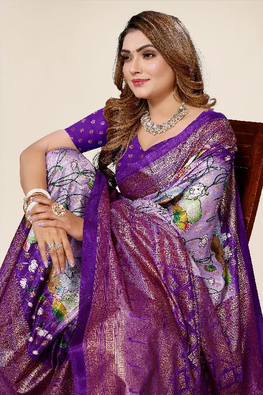 Women Casual Wear Printed Dhola Silk Saree With Un Stitched Blouse Satin Bow Blouse