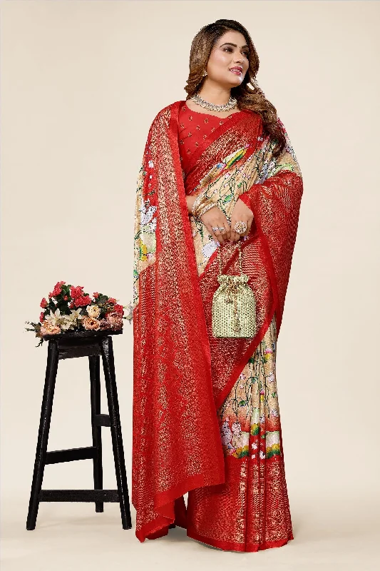 Women Casual Wear Printed Dhola Silk Saree With Un Stitched Blouse Classic Minimalist Blouse Women Casual Wear Printed Dhola Silk Saree With Un Stitched Blouse Classic Minimalist Blouse