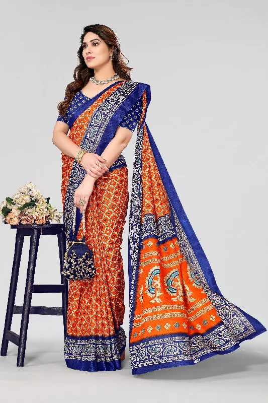 Women Casual Wear Printed Khadi Silk Saree With Un Stitched Blouse Side Tie Blouse