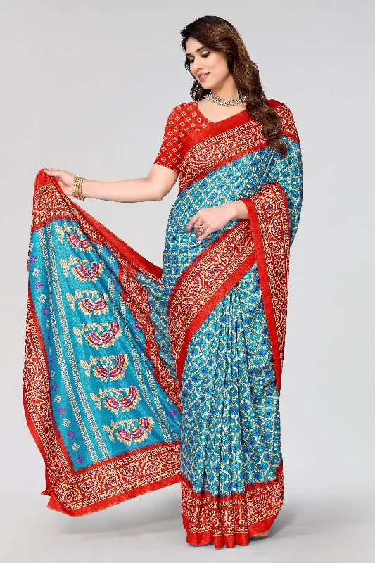 Women Casual Wear Printed Khadi Silk Saree With Un Stitched Blouse Ruched Sleeve Blouse Women Casual Wear Printed Khadi Silk Saree With Un Stitched Blouse Ruched Sleeve Blouse
