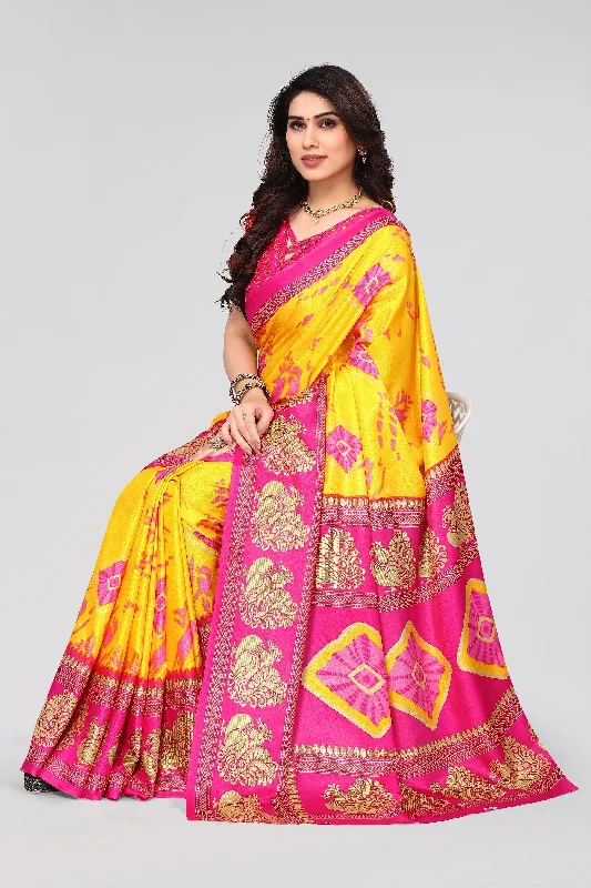 Women Casual Wear Printed Khadi Silk Saree With Un Stitched Blouse Soft Knit Blouse