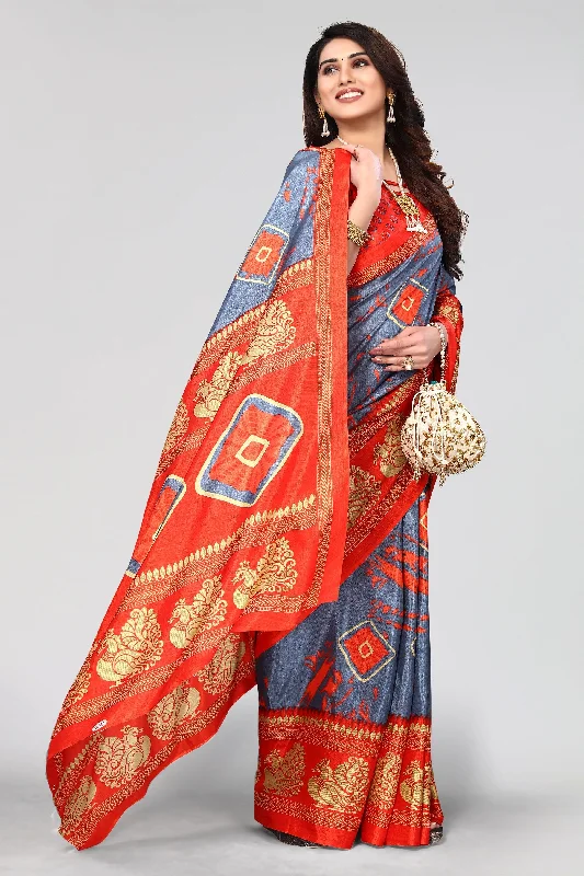 Women Casual Wear Printed Khadi Silk Saree With Un Stitched Blouse Loose Oversized Blouse Women Casual Wear Printed Khadi Silk Saree With Un Stitched Blouse Loose Oversized Blouse