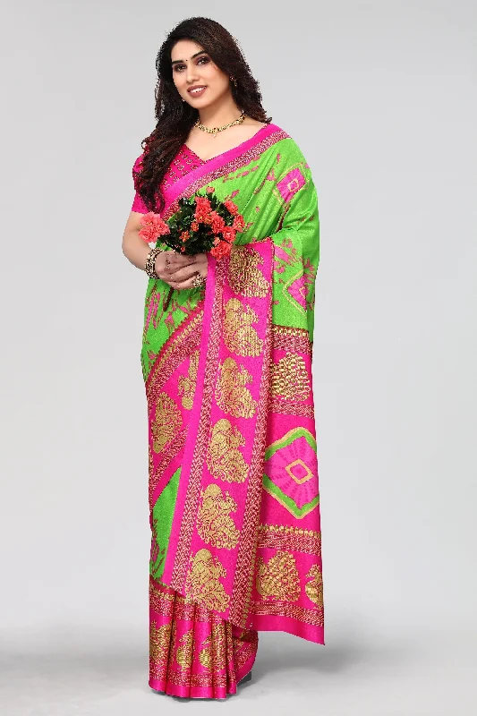Women Casual Wear Printed Khadi Silk Saree With Un Stitched Blouse Smart Business Blouse Women Casual Wear Printed Khadi Silk Saree With Un Stitched Blouse Smart Business Blouse