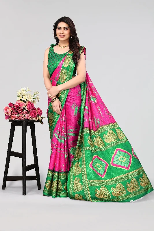 Women Casual Wear Printed Khadi Silk Saree With Un Stitched Blouse Office-Ready Blouse Women Casual Wear Printed Khadi Silk Saree With Un Stitched Blouse Office-Ready Blouse