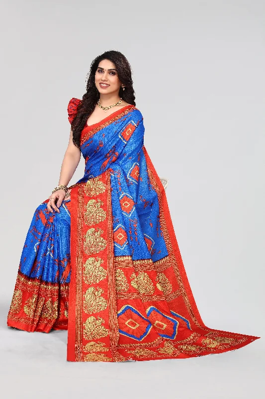 Women Casual Wear Printed Khadi Silk Saree With Un Stitched Blouse Peter Pan Collar Blouse Women Casual Wear Printed Khadi Silk Saree With Un Stitched Blouse Peter Pan Collar Blouse