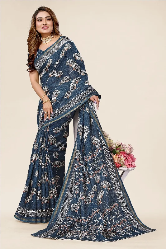Women Casual Wear Printed Dhola Silk Saree With Un Stitched Blouse Floral Chiffon Blouse