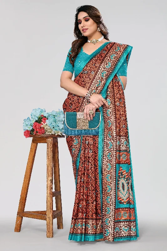 Women Casual Wear Printed Khadi Silk Saree With Un Stitched Blouse Asymmetric Hem Blouse Women Casual Wear Printed Khadi Silk Saree With Un Stitched Blouse Asymmetric Hem Blouse