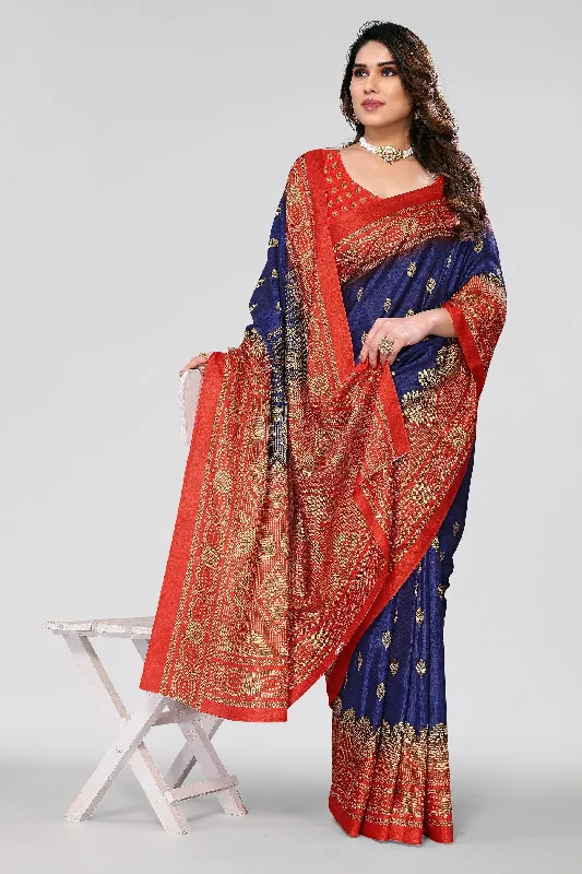 Women Casual Wear Printed Khadi Silk Saree With Un Stitched Blouse Chic Square Blouse Women Casual Wear Printed Khadi Silk Saree With Un Stitched Blouse Chic Square Blouse