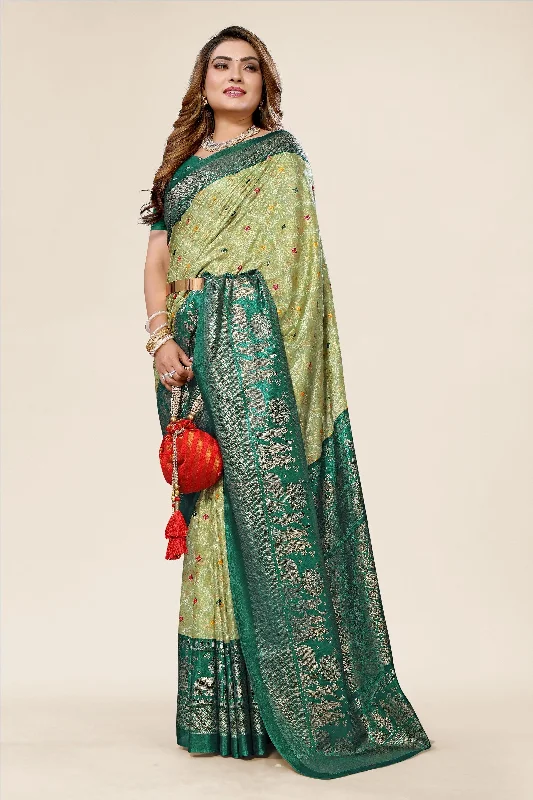 Women Casual Wear Printed Dhola Silk Saree With Un Stitched Blouse Ruched Sleeve Blouse Women Casual Wear Printed Dhola Silk Saree With Un Stitched Blouse Ruched Sleeve Blouse