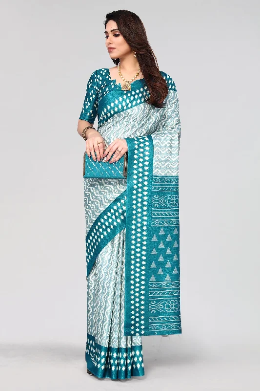 Women Casual Wear Printed Khadi Silk Saree With Un Stitched Blouse High Neck Blouse