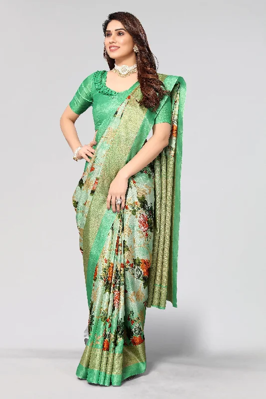Women Casual Wear Printed Khadi Silk Saree With Un Stitched Blouse Elegant Lace Blouse Women Casual Wear Printed Khadi Silk Saree With Un Stitched Blouse Elegant Lace Blouse