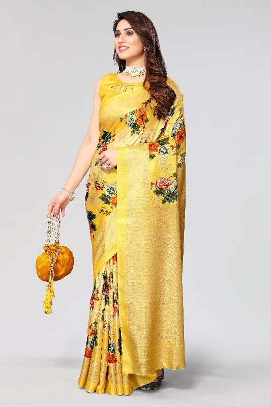 Women Casual Wear Printed Khadi Silk Saree With Un Stitched Blouse Wrap Front Blouse Women Casual Wear Printed Khadi Silk Saree With Un Stitched Blouse Wrap Front Blouse
