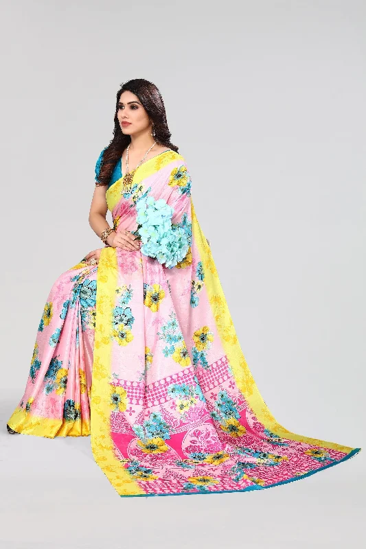Women Casual Wear Printed Khadi Silk Saree With Un Stitched Blouse Sheer Mesh Blouse Women Casual Wear Printed Khadi Silk Saree With Un Stitched Blouse Sheer Mesh Blouse