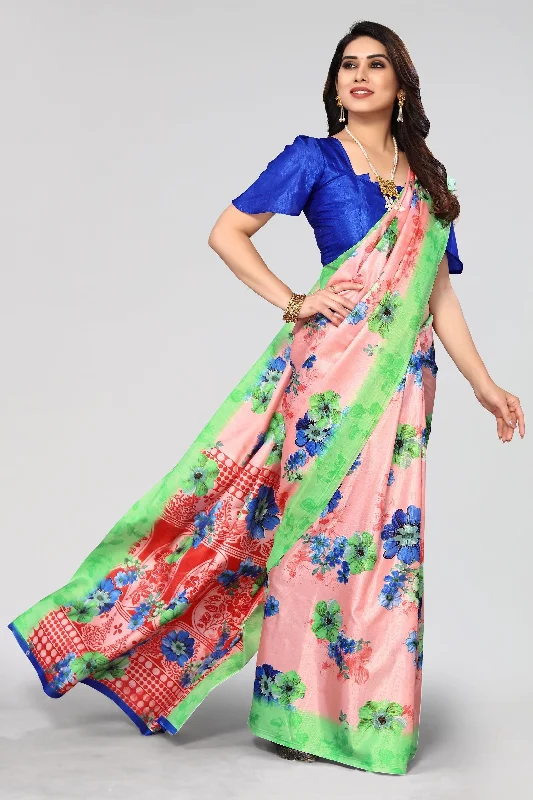 Women Casual Wear Printed Khadi Silk Saree With Un Stitched Blouse Drape Neck Blouse Women Casual Wear Printed Khadi Silk Saree With Un Stitched Blouse Drape Neck Blouse