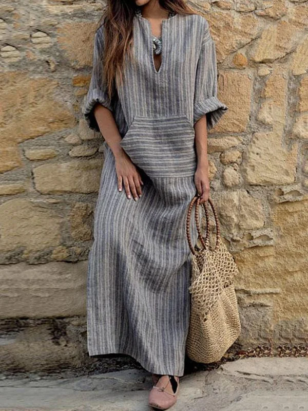 2018 Stripe Loose Casual Maxi Dress Comfortable Fitted Maxi Dress