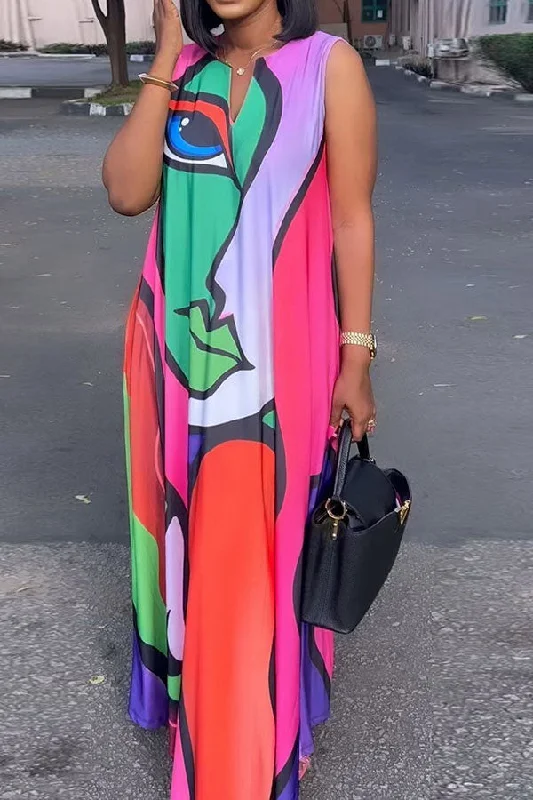Abstract Face Print Cool Maxi Dress Comfortable Ruffle Maxi Dress