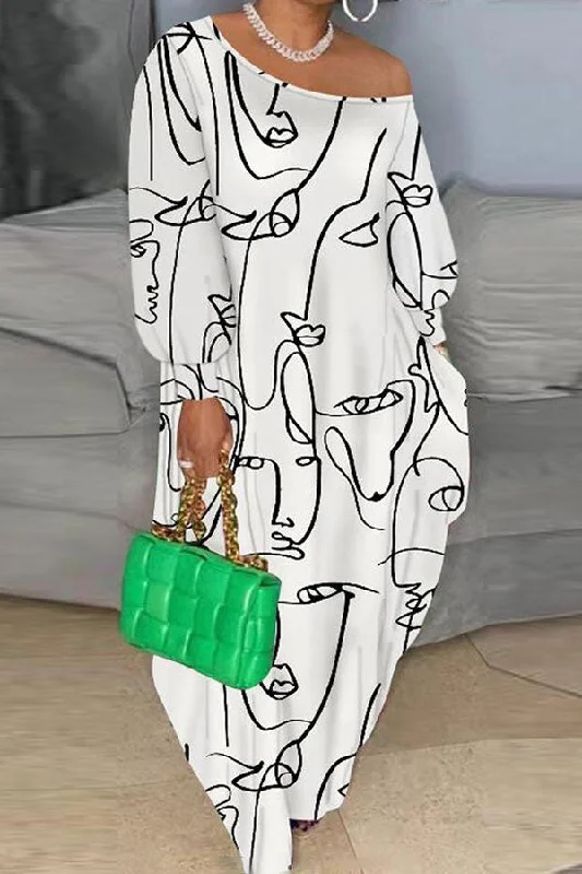 Abstract Print Relaxed Oblique Collar Maxi Dress Fashionable High-Low Maxi Dress
