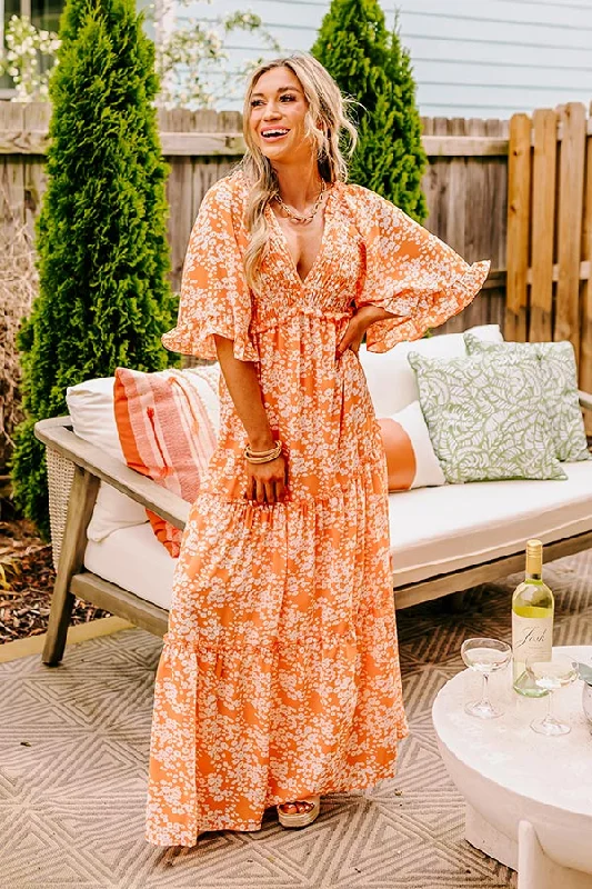 Affectionate Feeling Floral Smocked Maxi Dress in Orange Elegant Maxi Dress with Pockets Affectionate Feeling Floral Smocked Maxi Dress in Orange Elegant Maxi Dress with Pockets