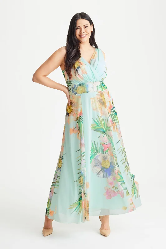 Amelia Aqua Print Mesh Maxi Dress Chic Button-Up Maxi Dress