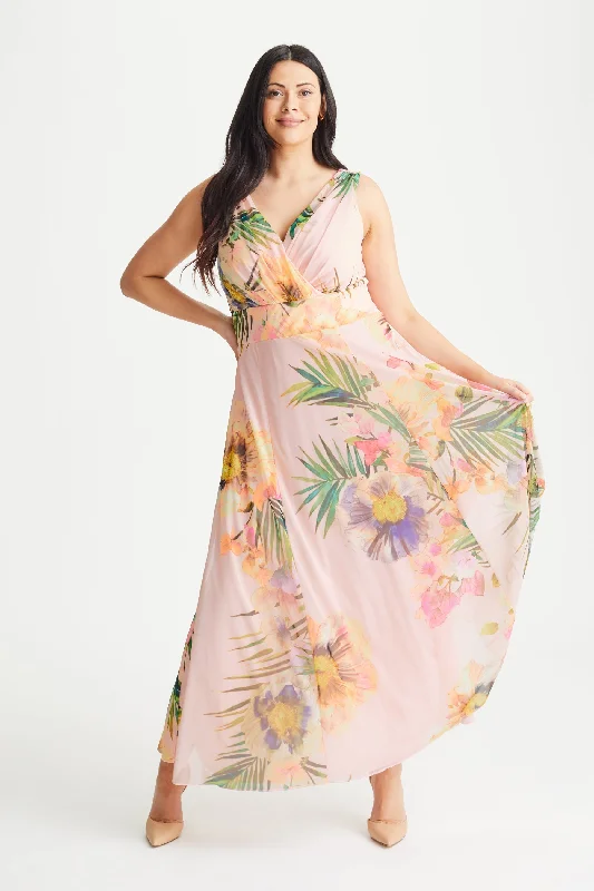 Amelia Peach Print Mesh Maxi Dress Stylish Long Sleeve Maxi Dress