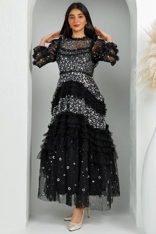 Amira Black Sequin Maxi Dress Trendy Satin Maxi Dress