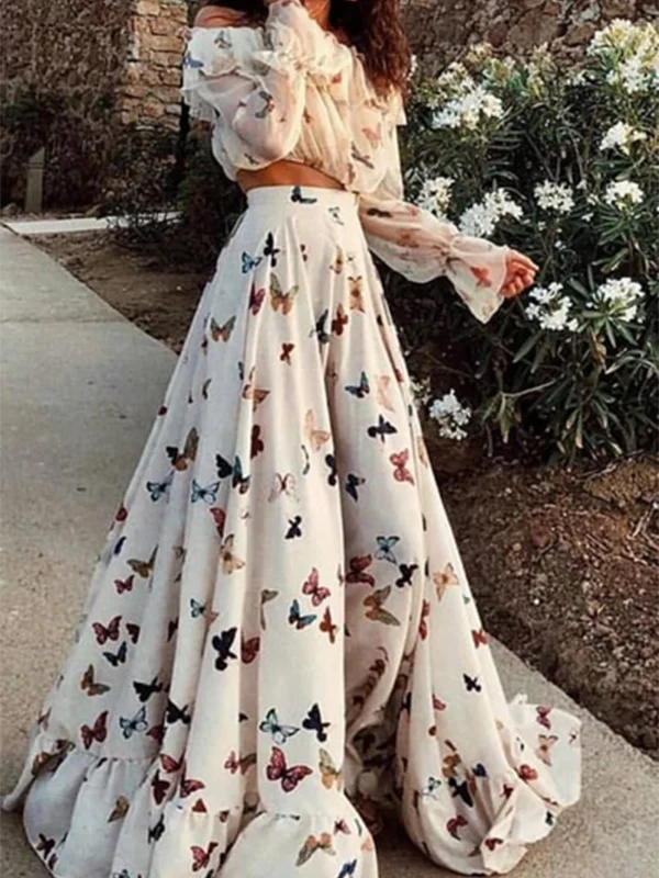 Butterfly Print Off Shoulder Long Sleeve Maxi Dress 2 Pieces Set Elegant Tiered Maxi Dress