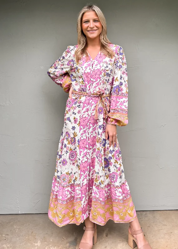 Camellia Floral Maxi Dress, Pink Comfortable T-Shirt Maxi Dress