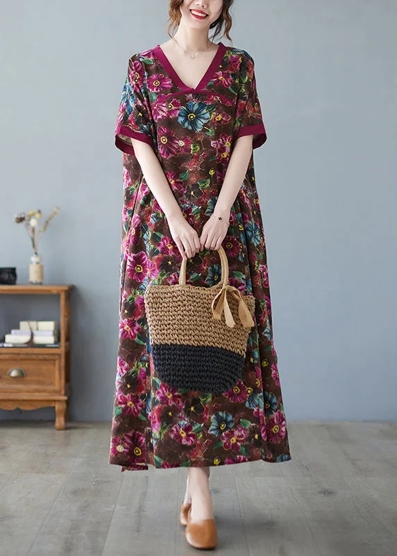 Casual Coffee V Neck Print Cozy Maxi Dress Short Sleeve Comfortable Maxi Dress with Sleeves Casual Coffee V Neck Print Cozy Maxi Dress Short Sleeve Comfortable Maxi Dress with Sleeves