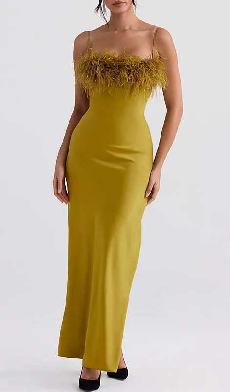 CHARTREUSE STRAPPY FEATHER-TRIM MAXI DRESS Trendy Off-Shoulder Ruffle Maxi Dress