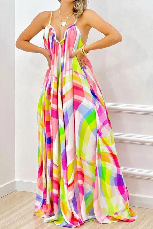 Checked Colorful Swing Maxi Dress Elegant Lace-Up Maxi Dress