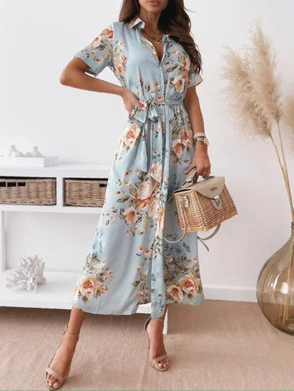 Collar Short Sleeve Wrap Waist Button Down Maxi Dress Classic A-Line Maxi Dress