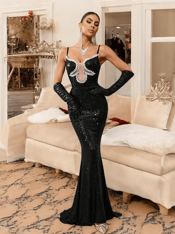 Crystal Bustier Sequin Maxi Dress Black Cozy Maxi Dress with Slit