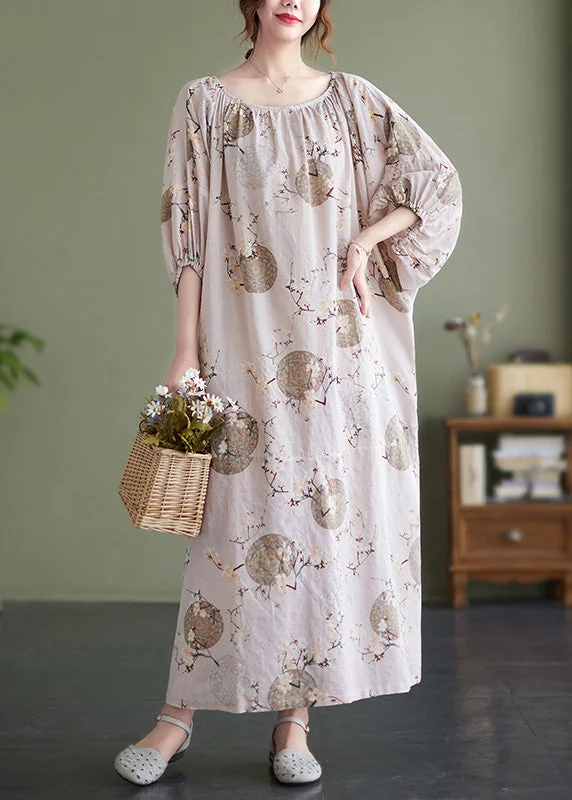 Cute O-Neck Print Wrinkled Holiday Maxi Dress Puff Sleeve Trendy Printed Maxi Dress