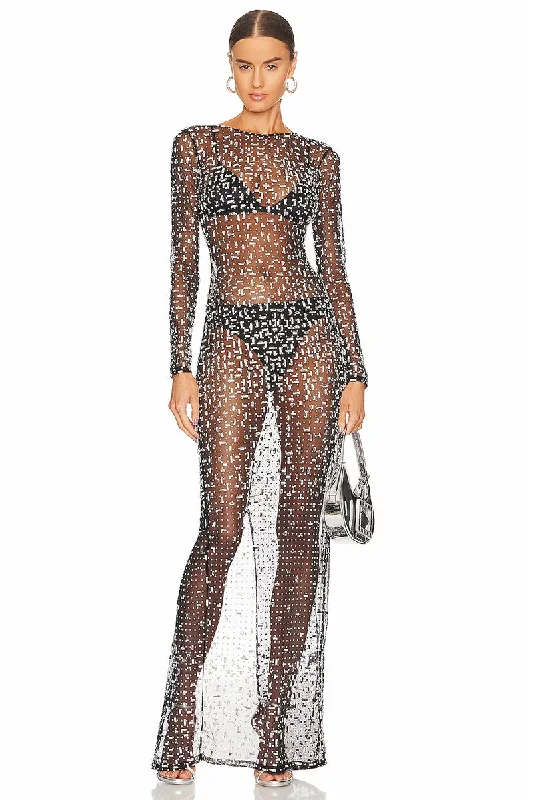 Dazzled Up Crystal Embellished Sheer Maxi Dress Chic Off-Shoulder Maxi Dress