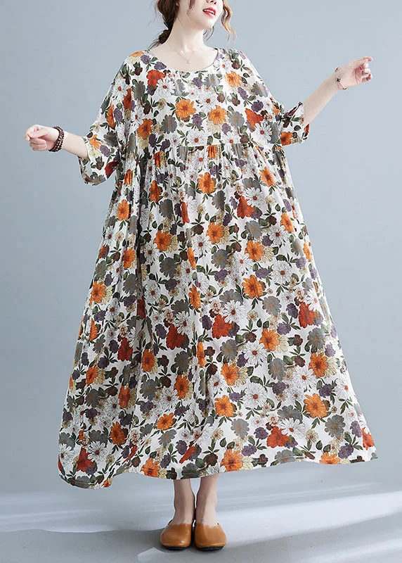 Elegant Orange Print Wrinkled Maxi Dresses Summer Elegant Maxi Dress with Drapes