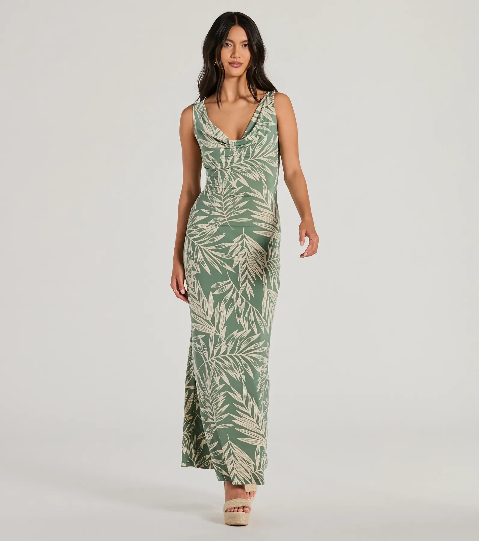 Fabulous Destination Tropical Cowl Neck Maxi Dress Fashionable High-Low Maxi Dress